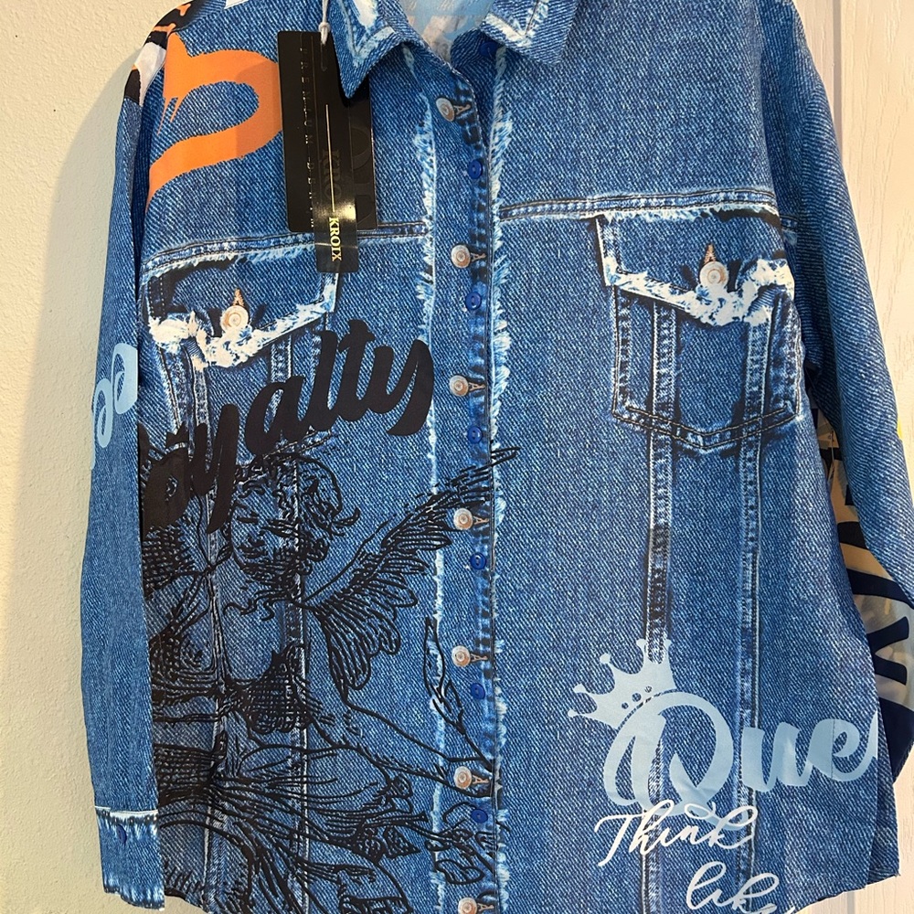 Blue Graphic Denim appearance button down shirt